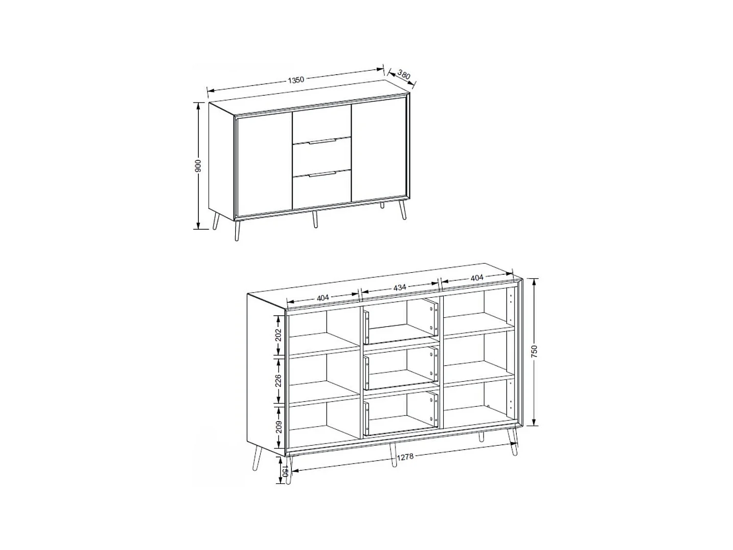 Madia colore bianco con particolari quercia 2 ante e 3 cassetti Arona01B 135x38x90H