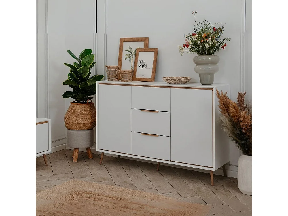 Madia colore bianco con particolari quercia 2 ante e 3 cassetti Arona01B 135x38x90H