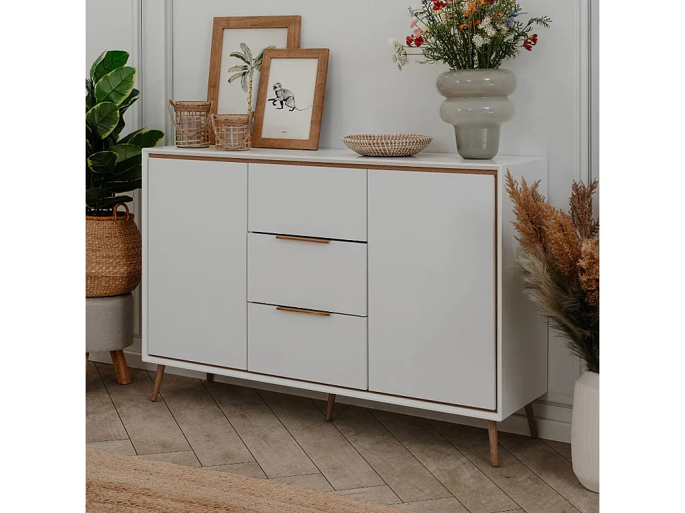 Madia colore bianco con particolari quercia 2 ante e 3 cassetti Arona01B 135x38x90H