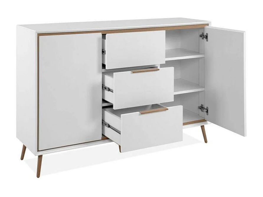 Madia colore bianco con particolari quercia 2 ante e 3 cassetti Arona01B 135x38x90H