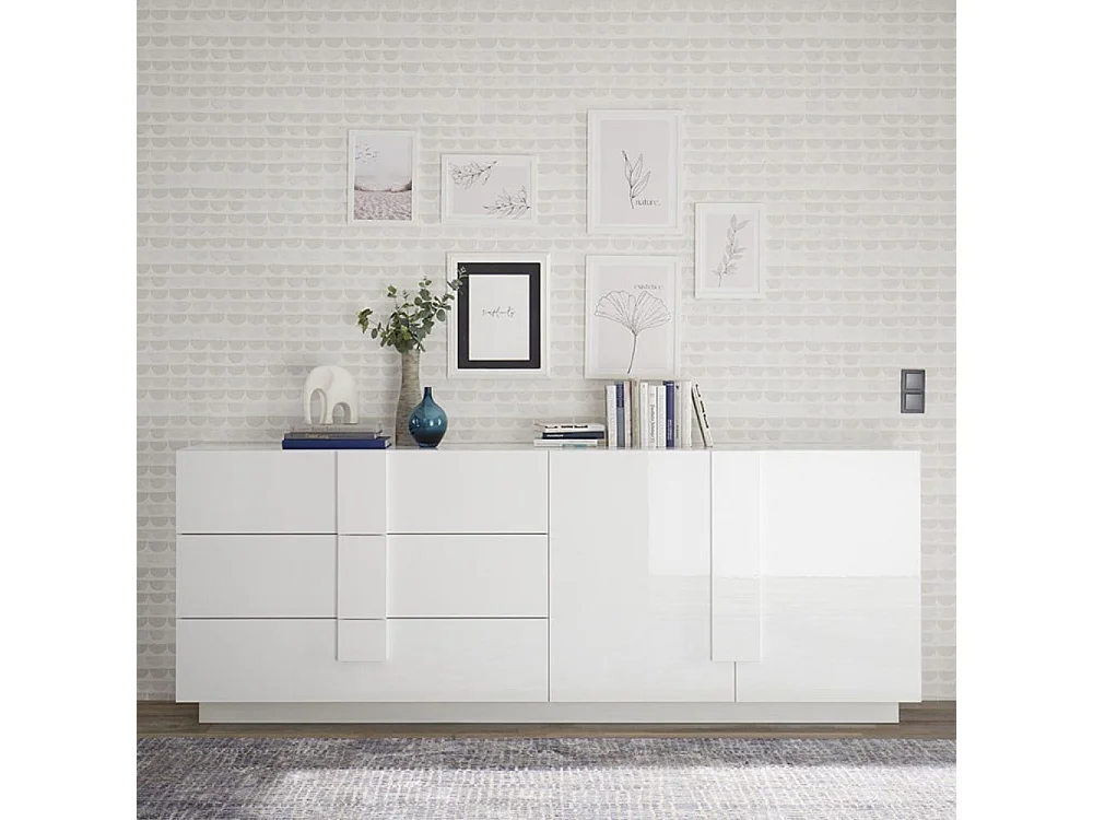 Moderne Kommode Jupiter WH L1, 2 Türen, 3 Schubladen, Hochglanz Weiß