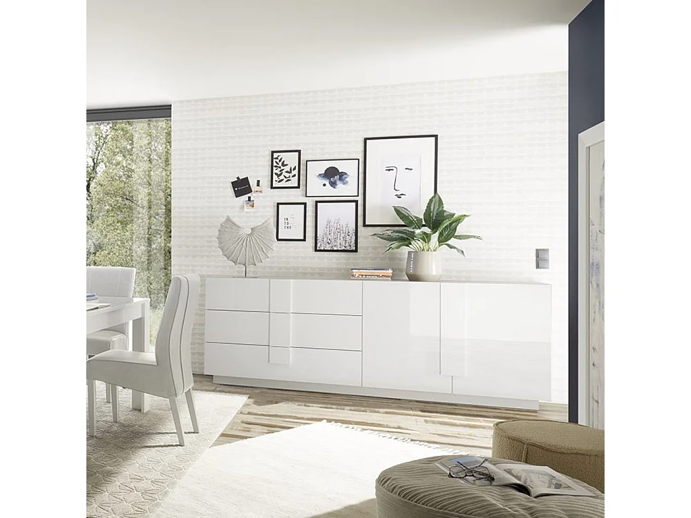 Moderne Kommode Jupiter WH L1, 2 Türen, 3 Schubladen, Hochglanz Weiß