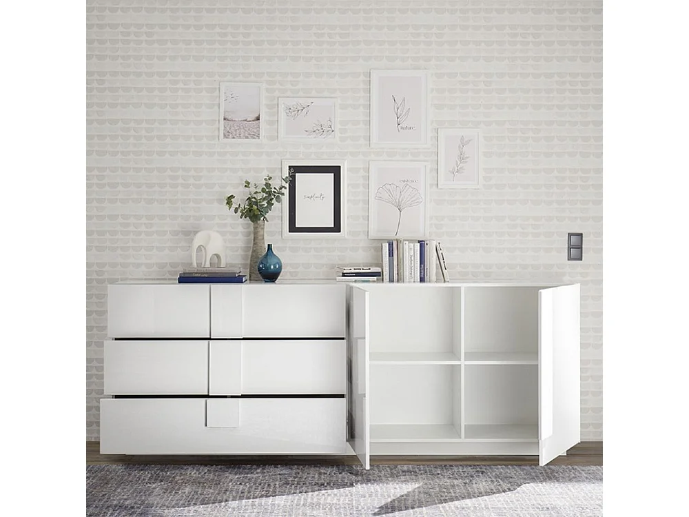 Moderne Kommode Jupiter WH L1, 2 Türen, 3 Schubladen, Hochglanz Weiß