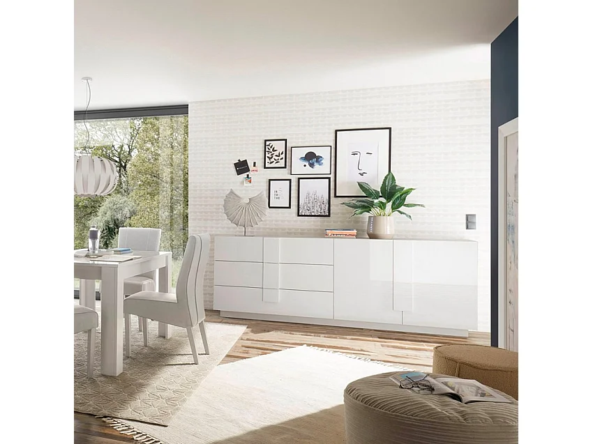 Moderne Kommode Jupiter WH L1, 2 Türen, 3 Schubladen, Hochglanz Weiß