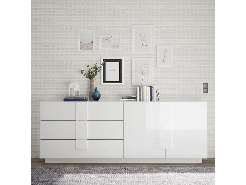 Moderne Kommode Jupiter WH L1, 2 Türen, 3 Schubladen, Hochglanz Weiß