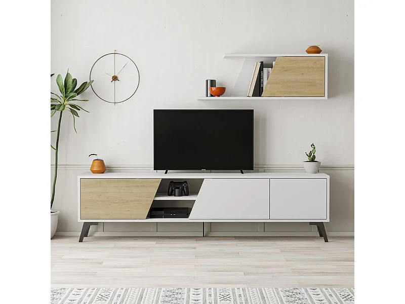 Mobile porta Tv Fiona 180X35,6X48 con mensola a parete colore bianco rovere