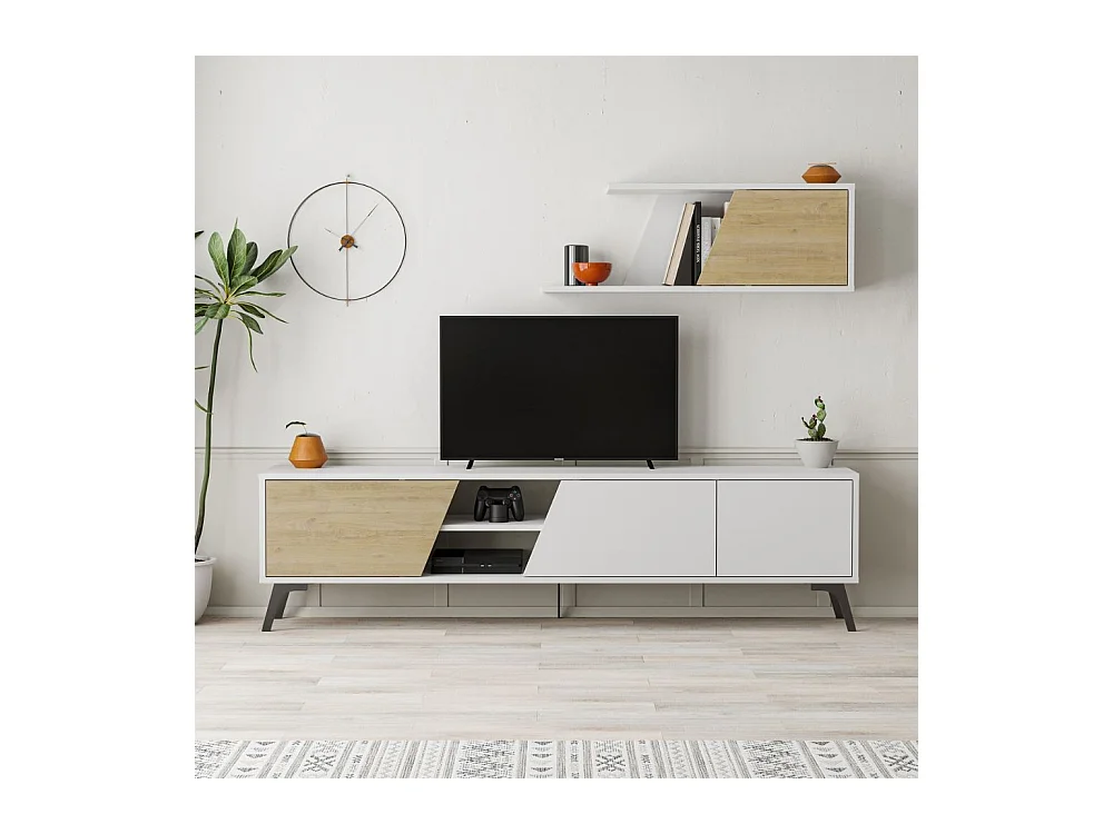 Mobile porta Tv Fiona 180X35,6X48 con mensola a parete colore bianco rovere