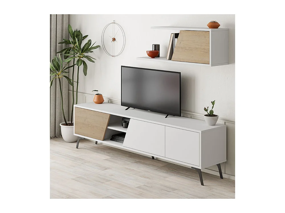 Mobile porta Tv Fiona 180X35,6X48 con mensola a parete colore bianco rovere