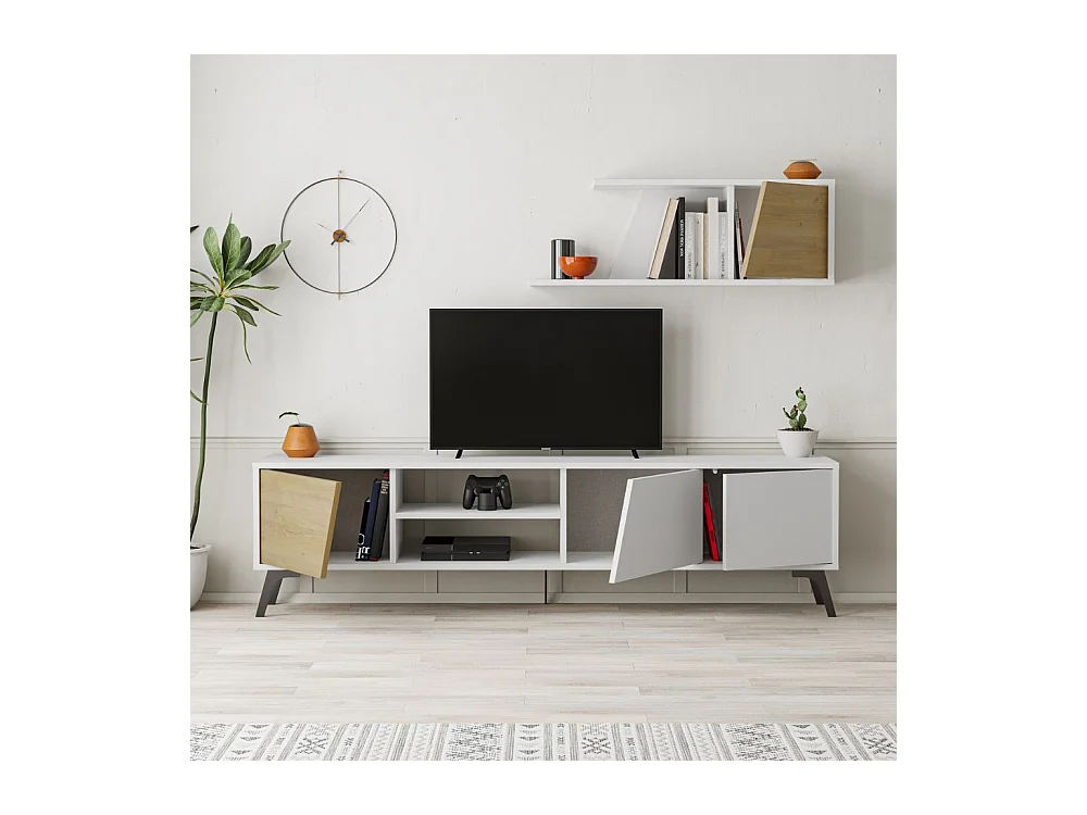 Mobile porta Tv Fiona 180X35,6X48 con mensola a parete colore bianco rovere
