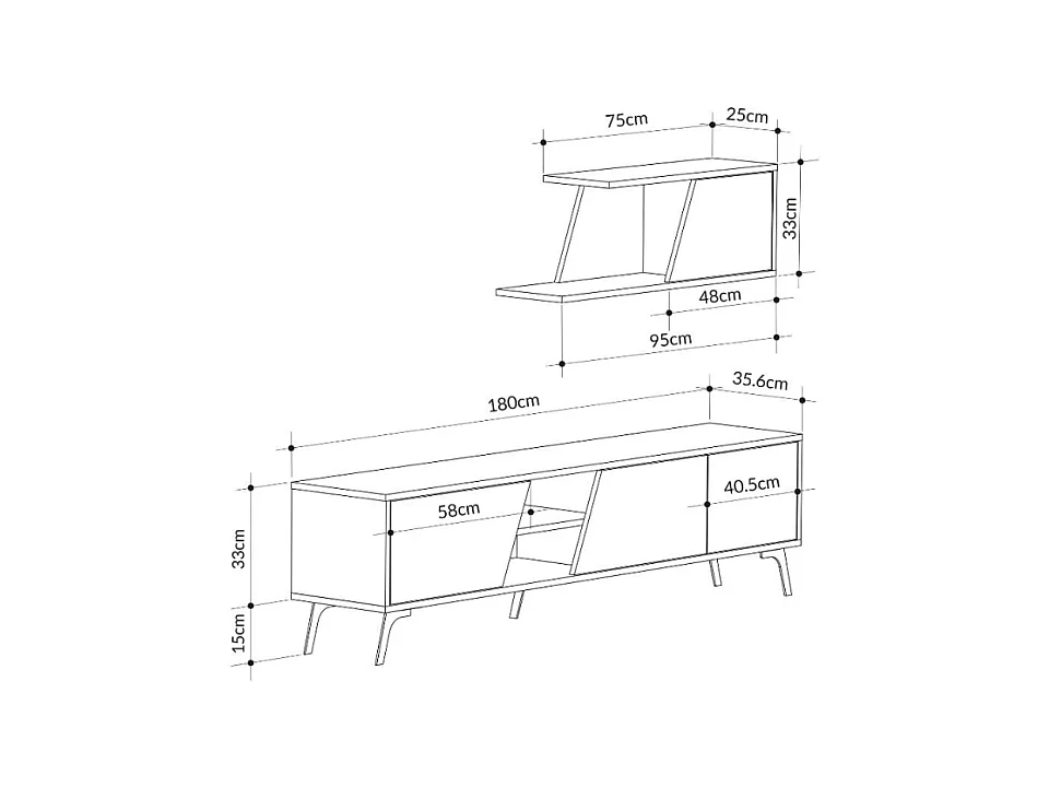 Mobile porta Tv Fiona 180X35,6X48 con mensola a parete colore bianco rovere