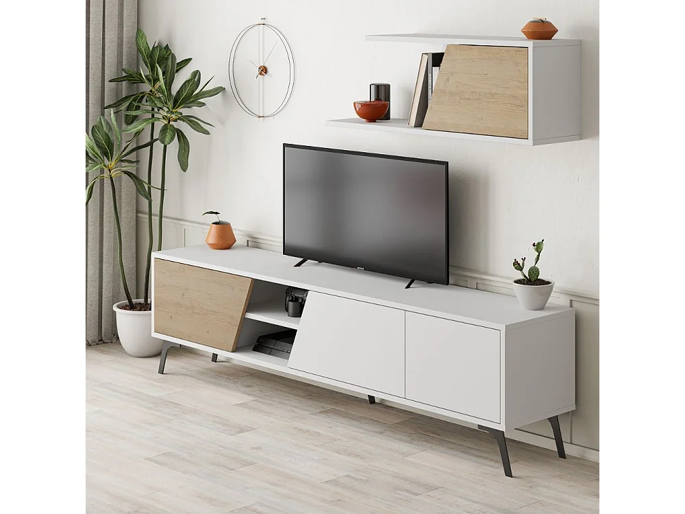 Mobile porta Tv Fiona 180X35,6X48 con mensola a parete colore bianco rovere