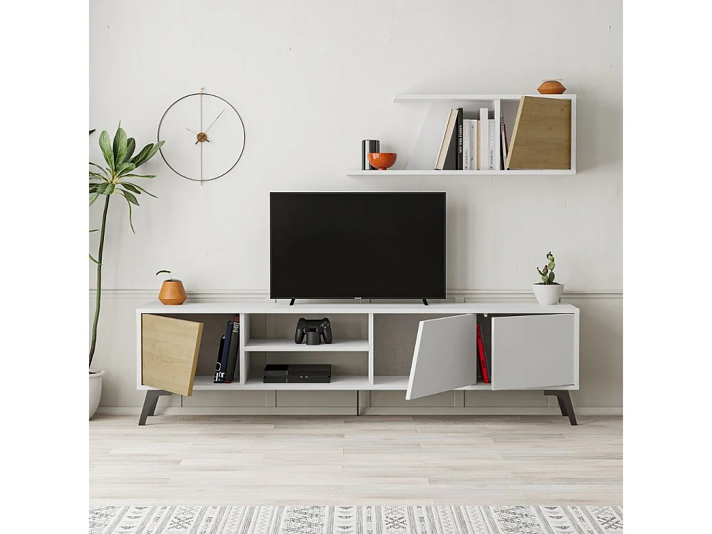 Mobile porta Tv Fiona 180X35,6X48 con mensola a parete colore bianco rovere