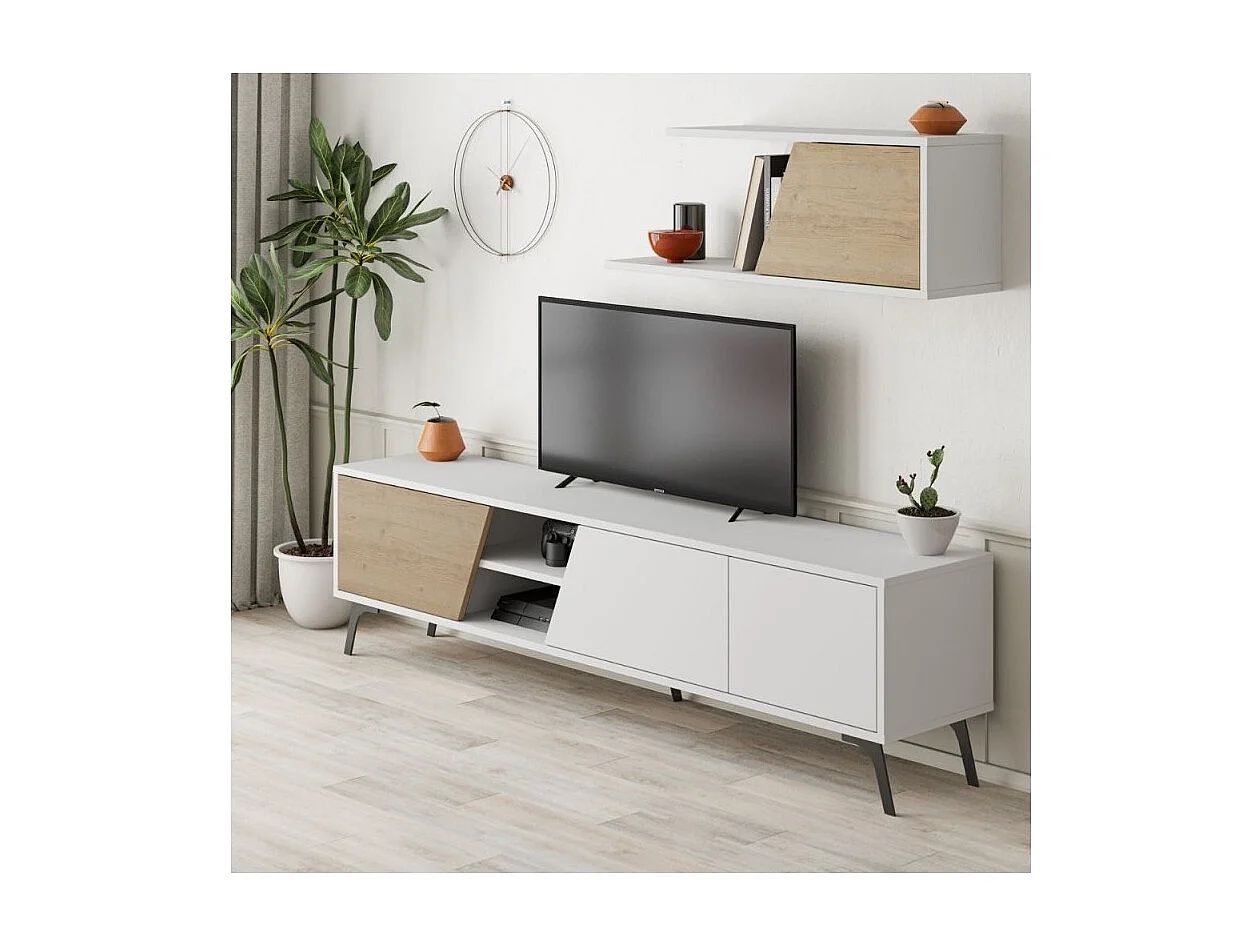 Mobile porta Tv Fiona 180X35,6X48 con mensola a parete colore bianco rovere