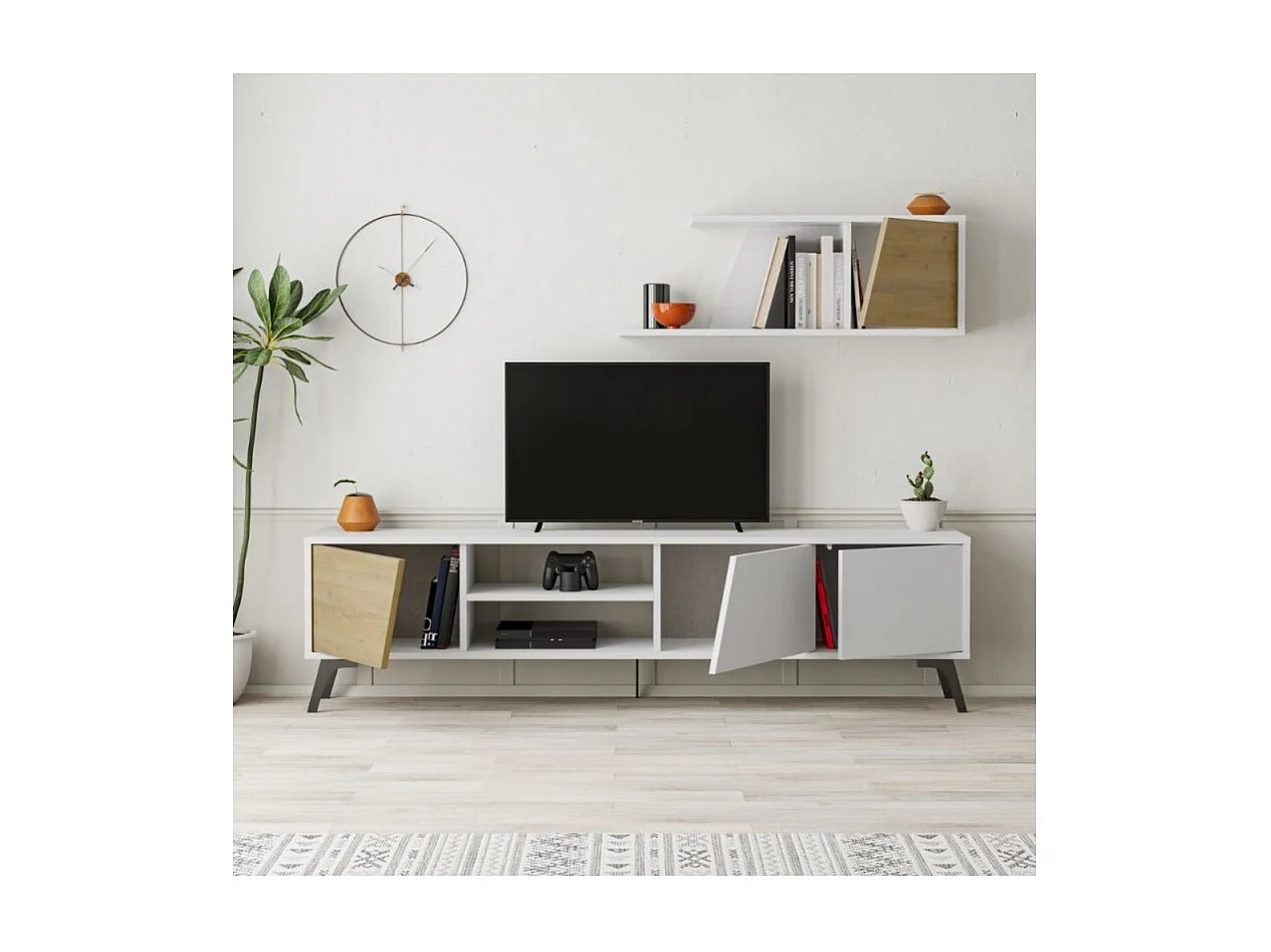 Mobile porta Tv Fiona 180X35,6X48 con mensola a parete colore bianco rovere