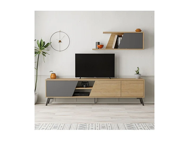 Mobile porta Tv Fiona 180X35,6X48 con mensola a parete colore rovere antracite