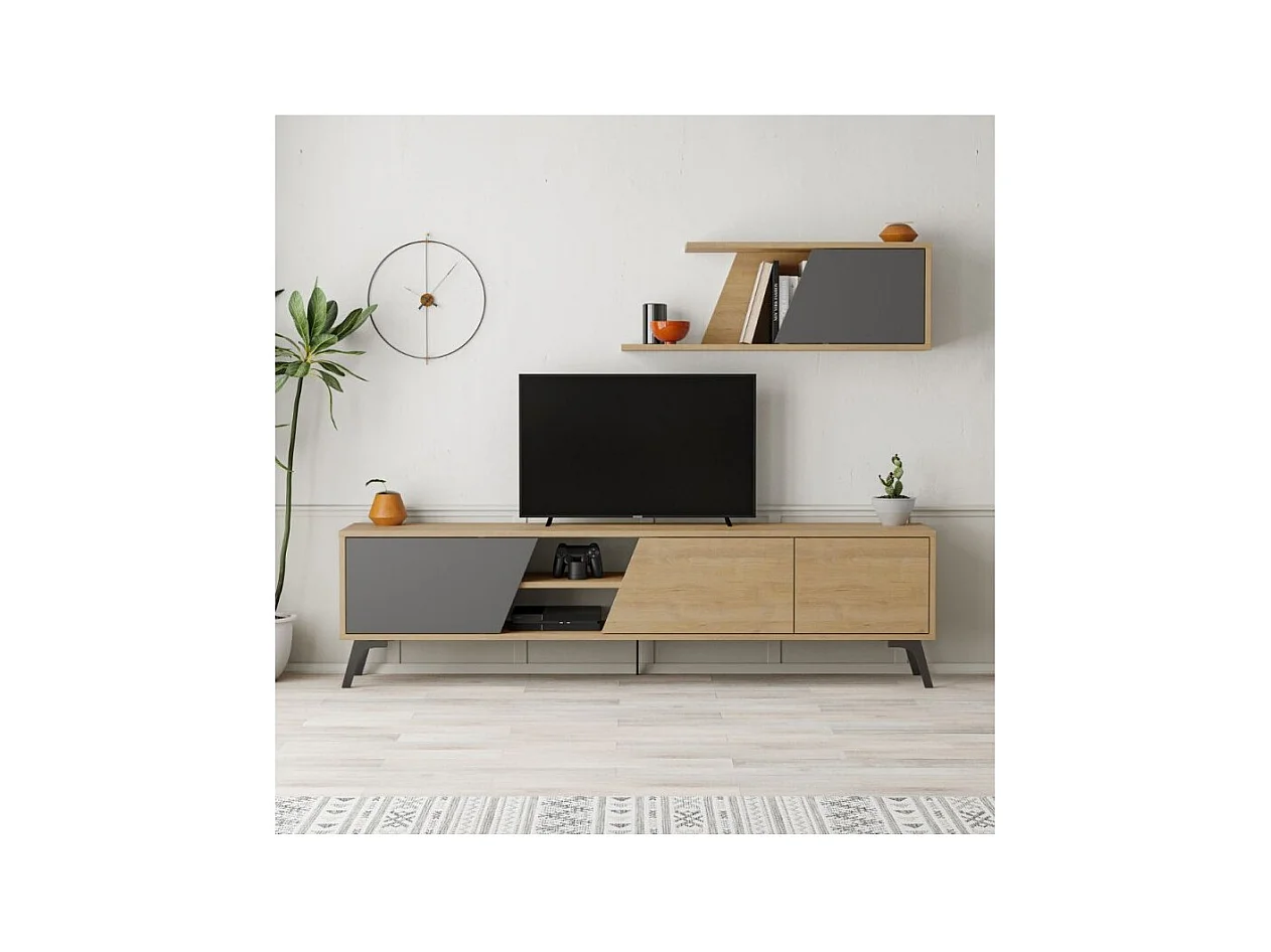 Mobile porta Tv Fiona 180X35,6X48 con mensola a parete colore rovere antracite