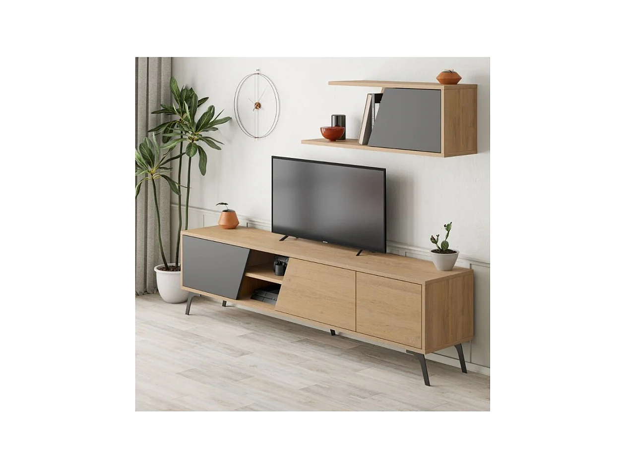 Mobile porta Tv Fiona 180X35,6X48 con mensola a parete colore rovere antracite