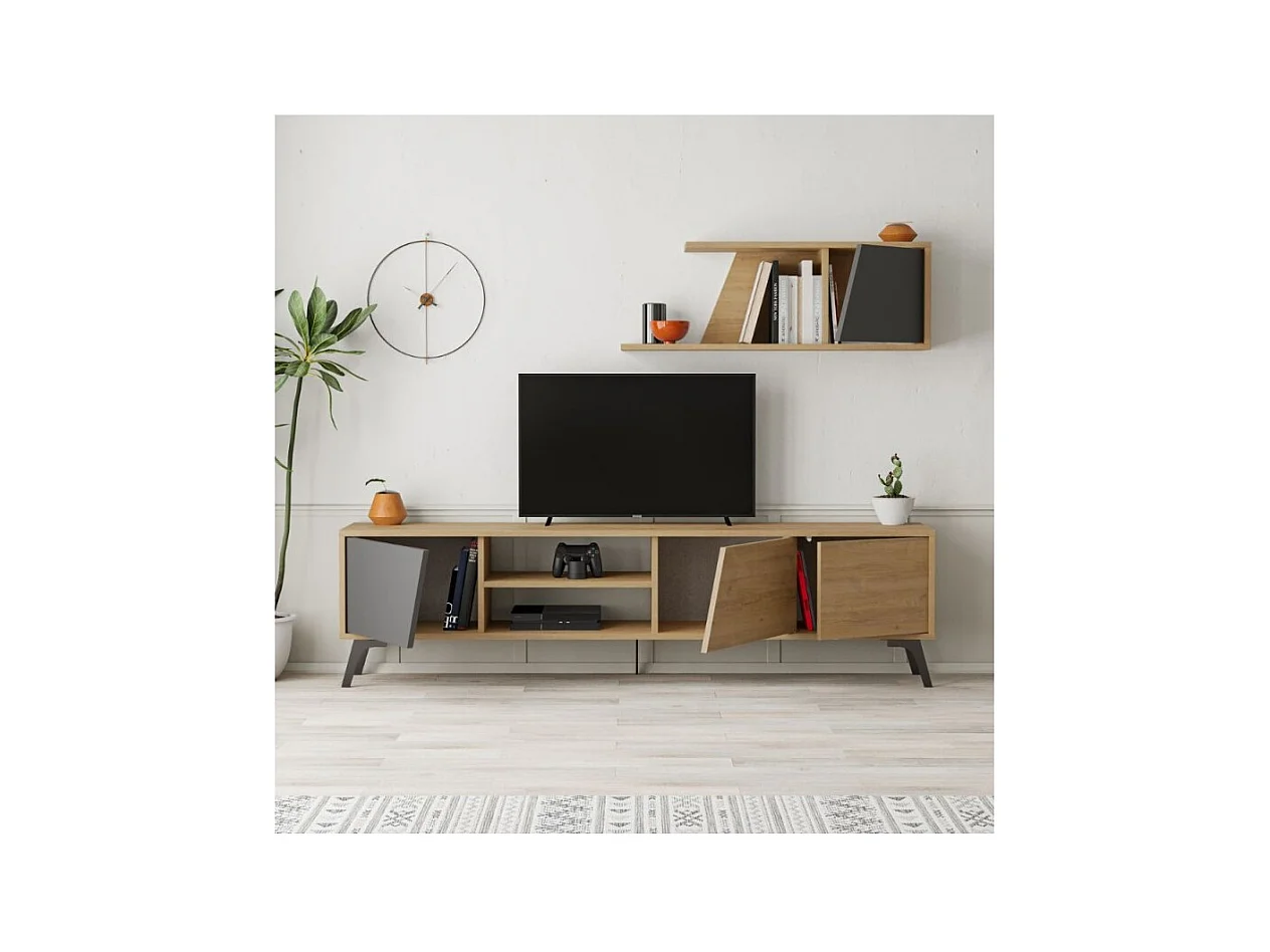 Mobile porta Tv Fiona 180X35,6X48 con mensola a parete colore rovere antracite