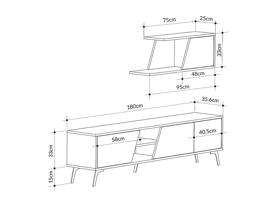 Mobile porta Tv Fiona 180X35,6X48 con mensola a parete colore rovere antracite