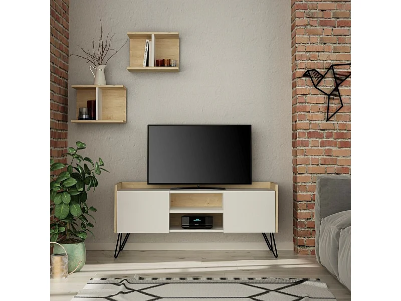 Mobile porta Tv 2 ante Klappe 125,5x33x56,5 bianco e struttura rovere