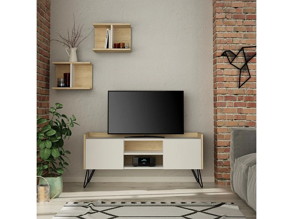 Mobile porta Tv 2 ante Klappe 125,5x33x56,5 bianco e struttura rovere