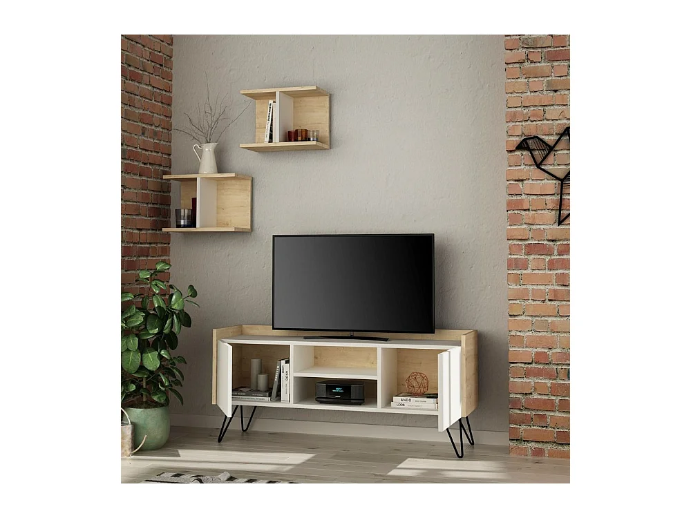 Mobile porta Tv 2 ante Klappe 125,5x33x56,5 bianco e struttura rovere