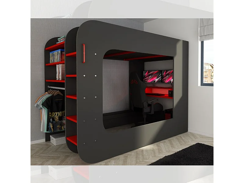 Letto a soppalco con postazione gamer colore antracite rosso 5000