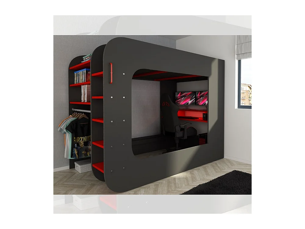 Letto a soppalco con postazione gamer colore antracite rosso 5000