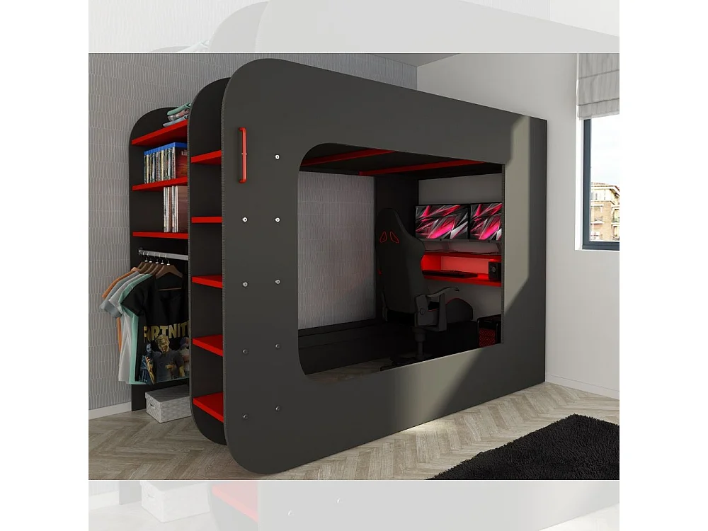 Letto a soppalco con postazione gamer colore antracite rosso 5000