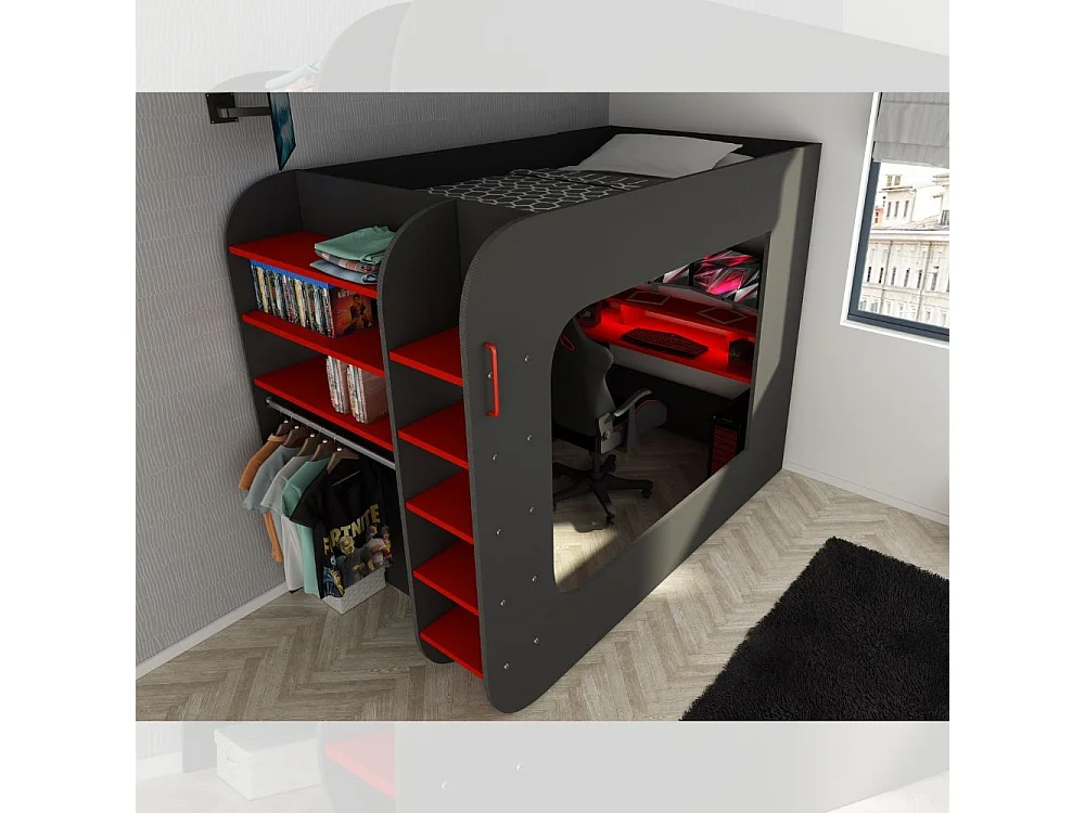 Letto a soppalco con postazione gamer colore antracite rosso 5000