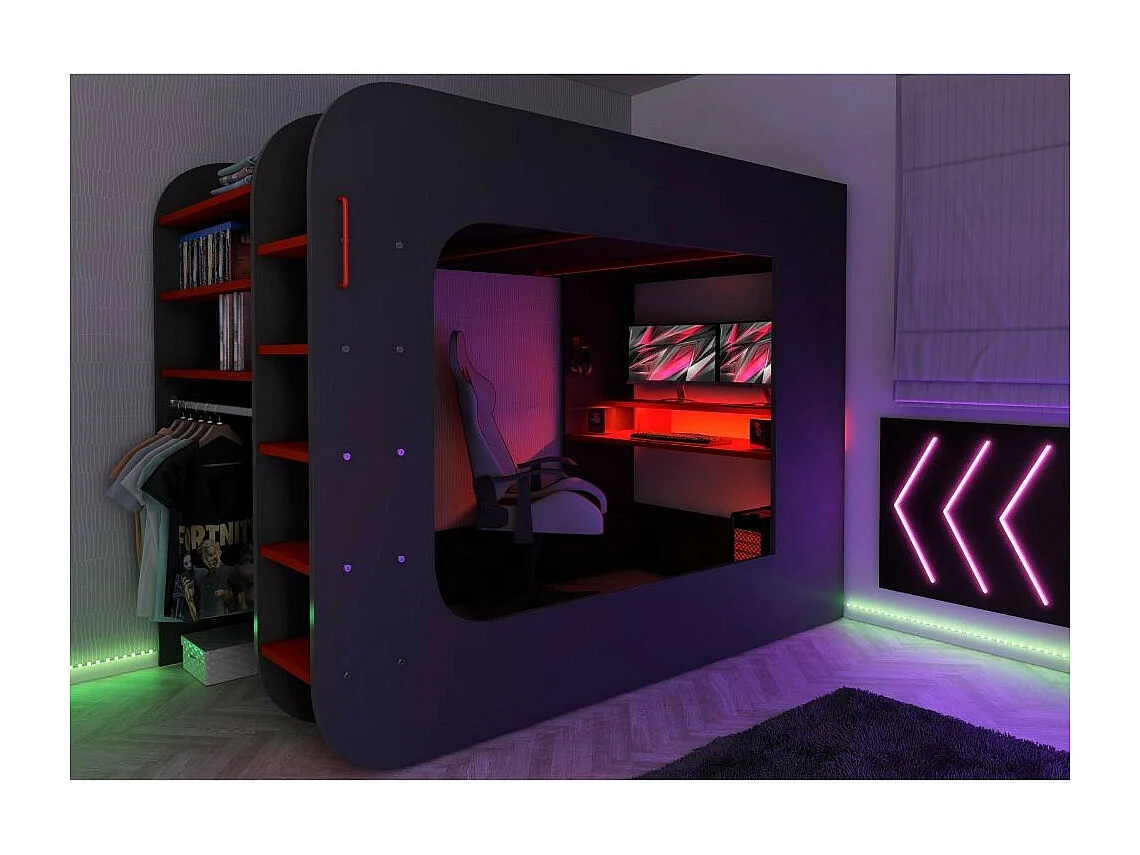 Letto a soppalco con postazione gamer colore antracite rosso 5000