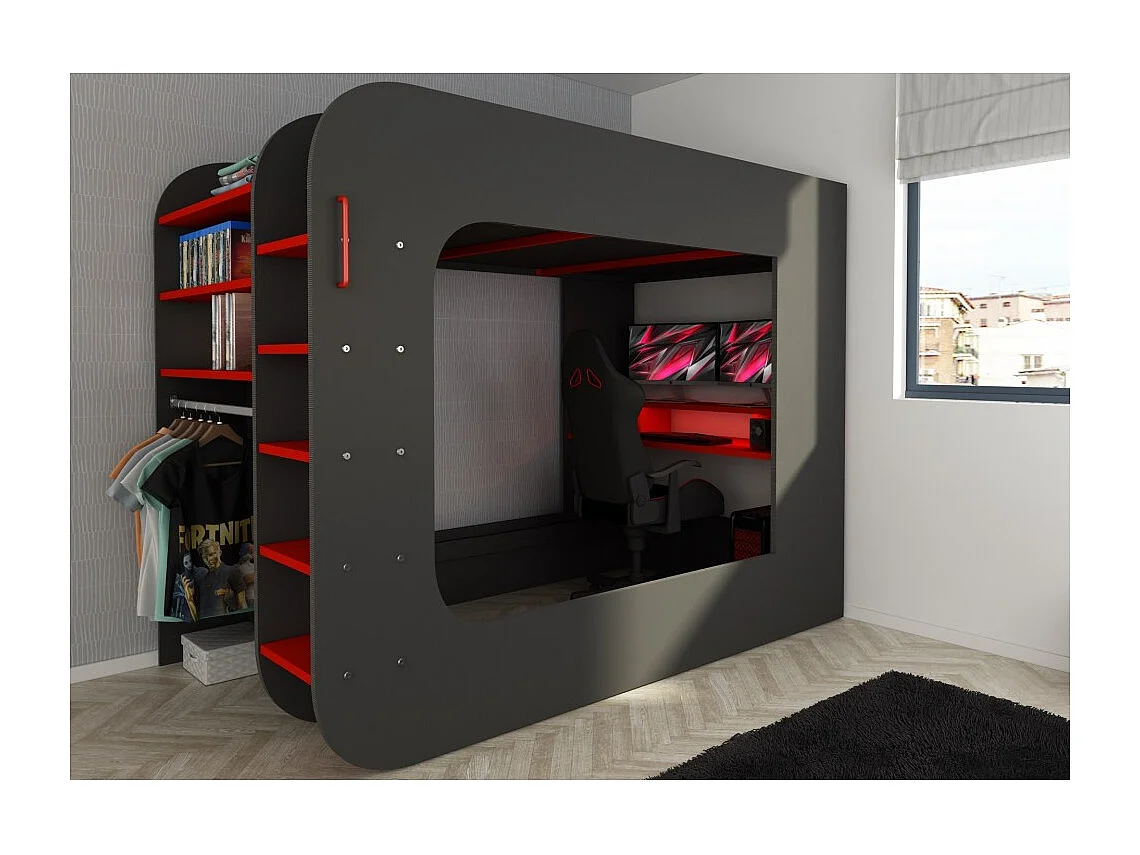 Letto a soppalco con postazione gamer colore antracite rosso 5000