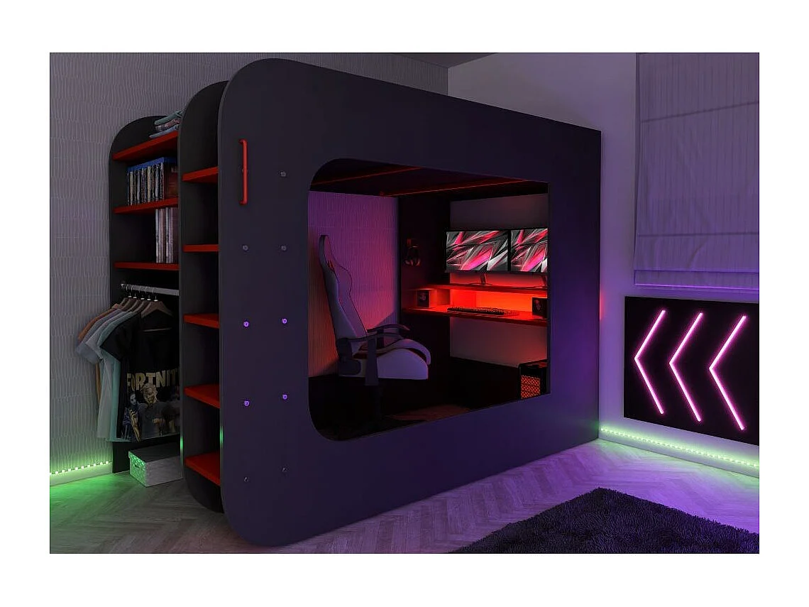 Letto a soppalco con postazione gamer colore antracite rosso 5000