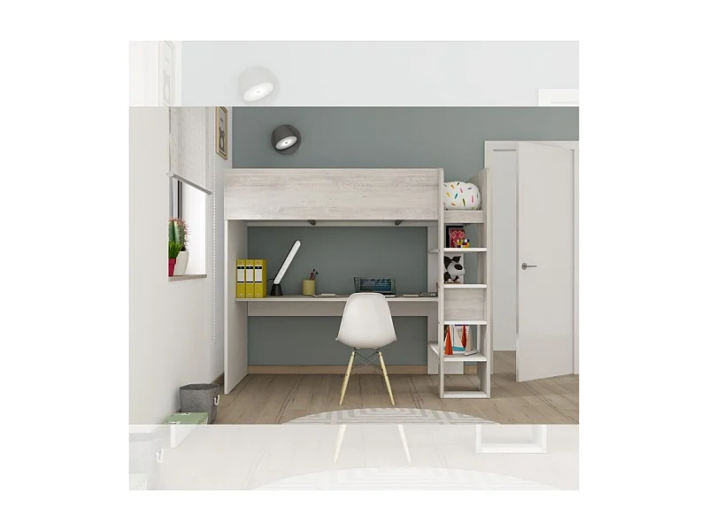 Letto a soppalco bianco consumato e bianco con scrivania 2278