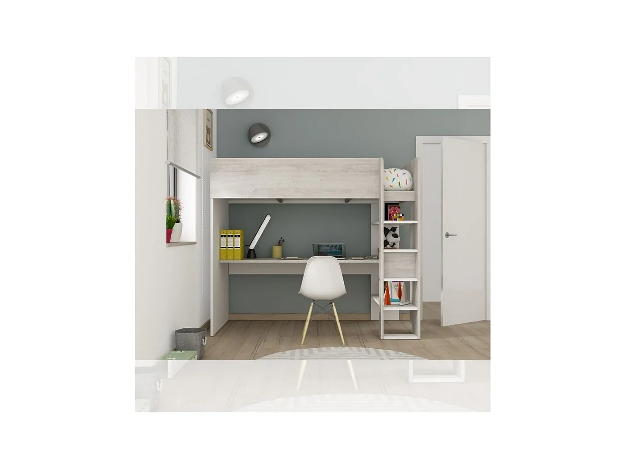 Letto a soppalco bianco consumato e bianco con scrivania 2278