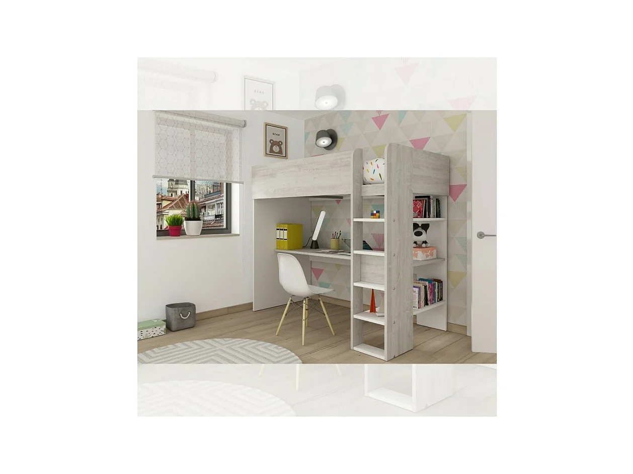 Letto a soppalco bianco consumato e bianco con scrivania 2278