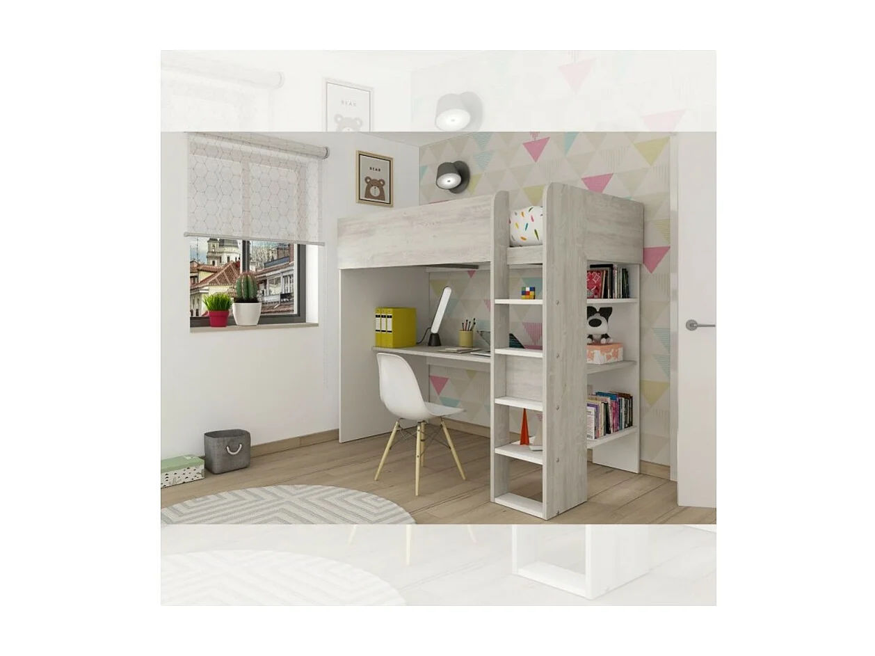 Letto a soppalco bianco consumato e bianco con scrivania 2278