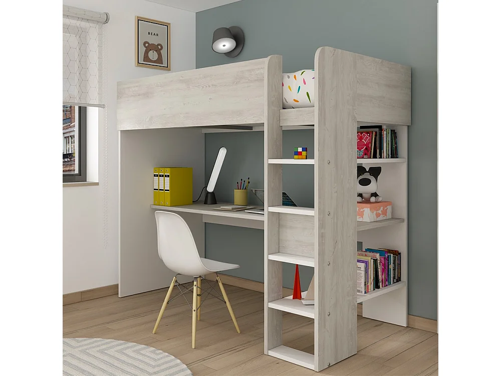 Letto a soppalco bianco consumato e bianco con scrivania 2278