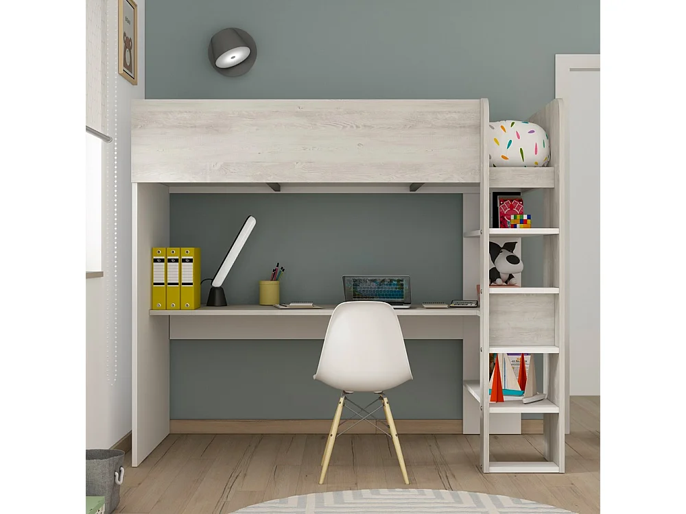Letto a soppalco bianco consumato e bianco con scrivania 2278