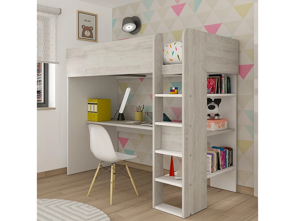 Letto a soppalco bianco consumato e bianco con scrivania 2278