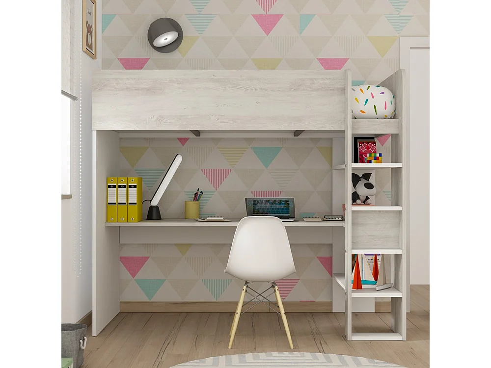 Letto a soppalco bianco consumato e bianco con scrivania 2278