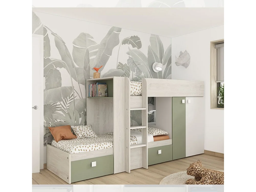 Letto a castello bianco vintage e verde con armadio e cassetti 1268