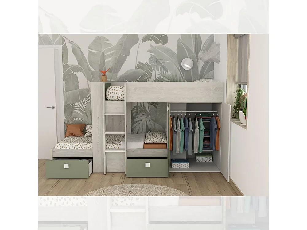 Letto a castello bianco vintage e verde con armadio e cassetti 1268