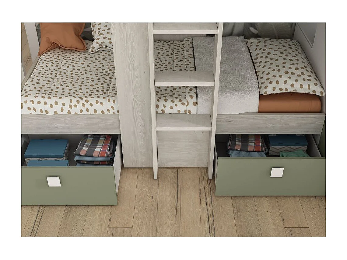 Letto a castello bianco vintage e verde con armadio e cassetti 1268