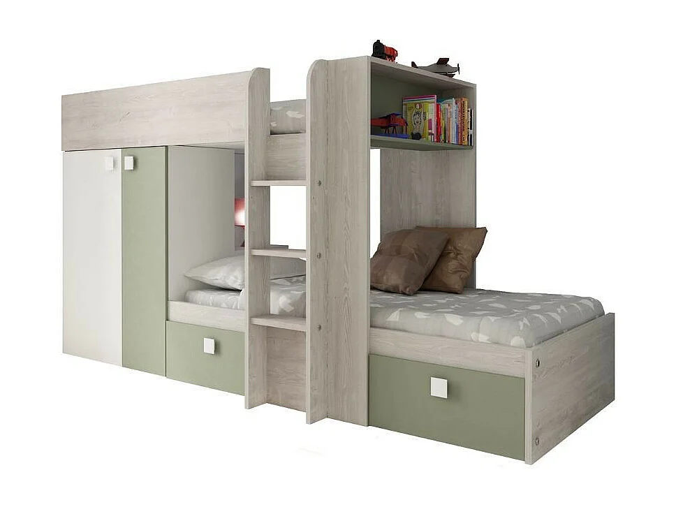 Letto a castello bianco vintage e verde con armadio e cassetti 1268