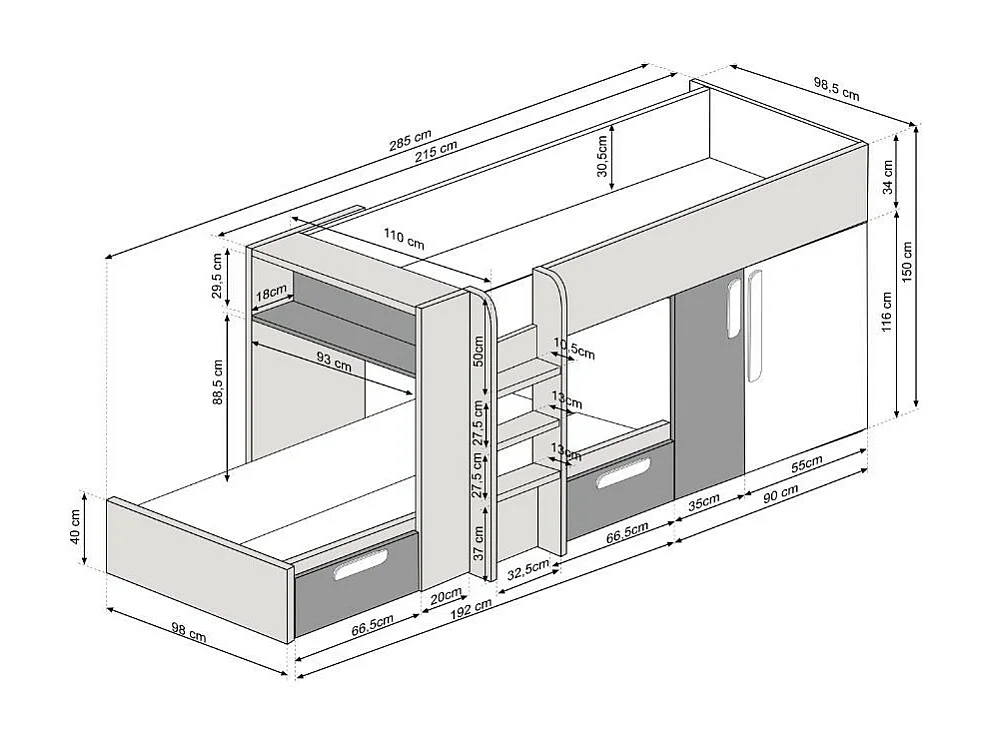 Letto a castello bianco vintage e verde con armadio e cassetti 1268