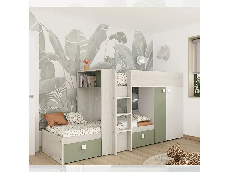 Letto a castello bianco vintage e verde con armadio e cassetti 1268