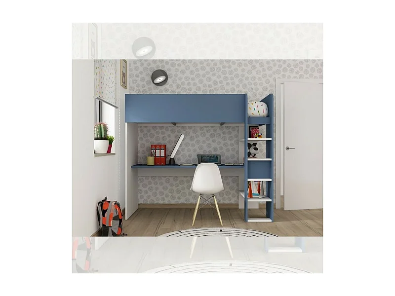 Letto a soppalco azzurro e bianco con scrivania 2276