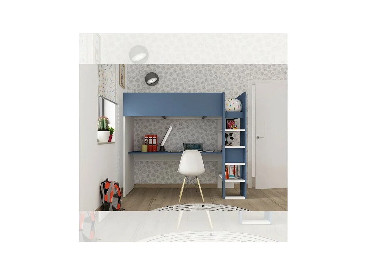 Letto a soppalco azzurro e bianco con scrivania 2276