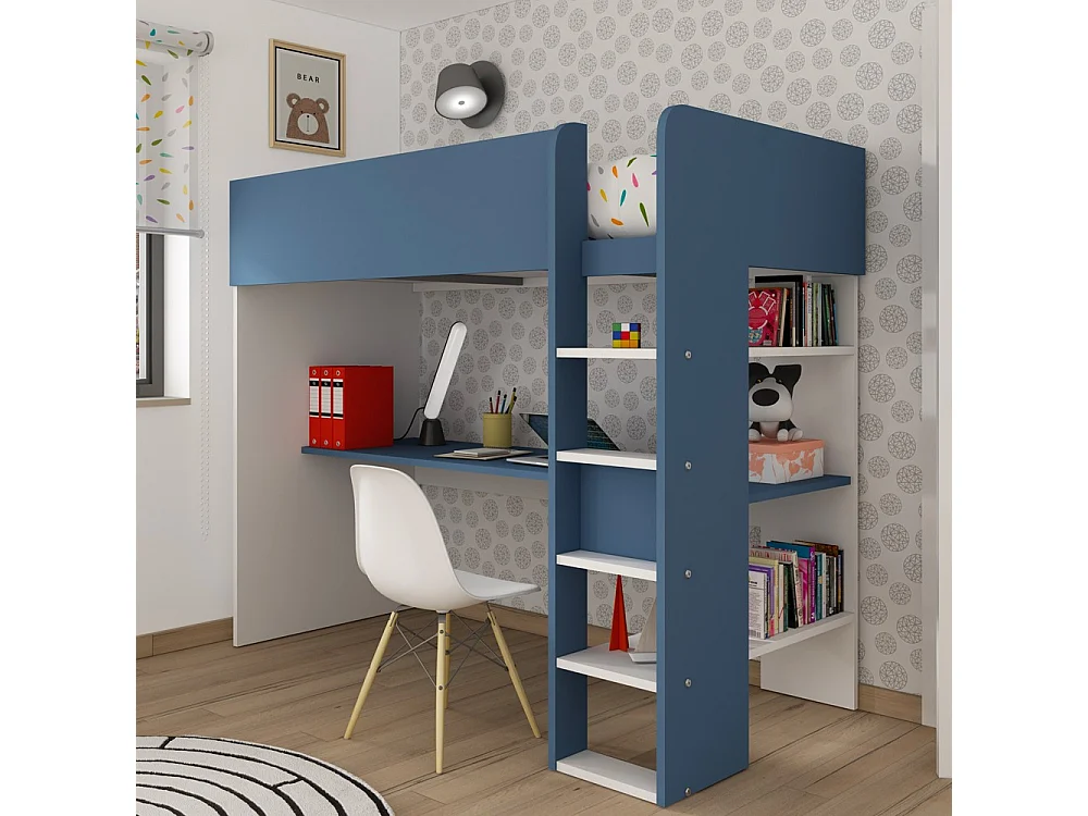 Letto a soppalco azzurro e bianco con scrivania 2276